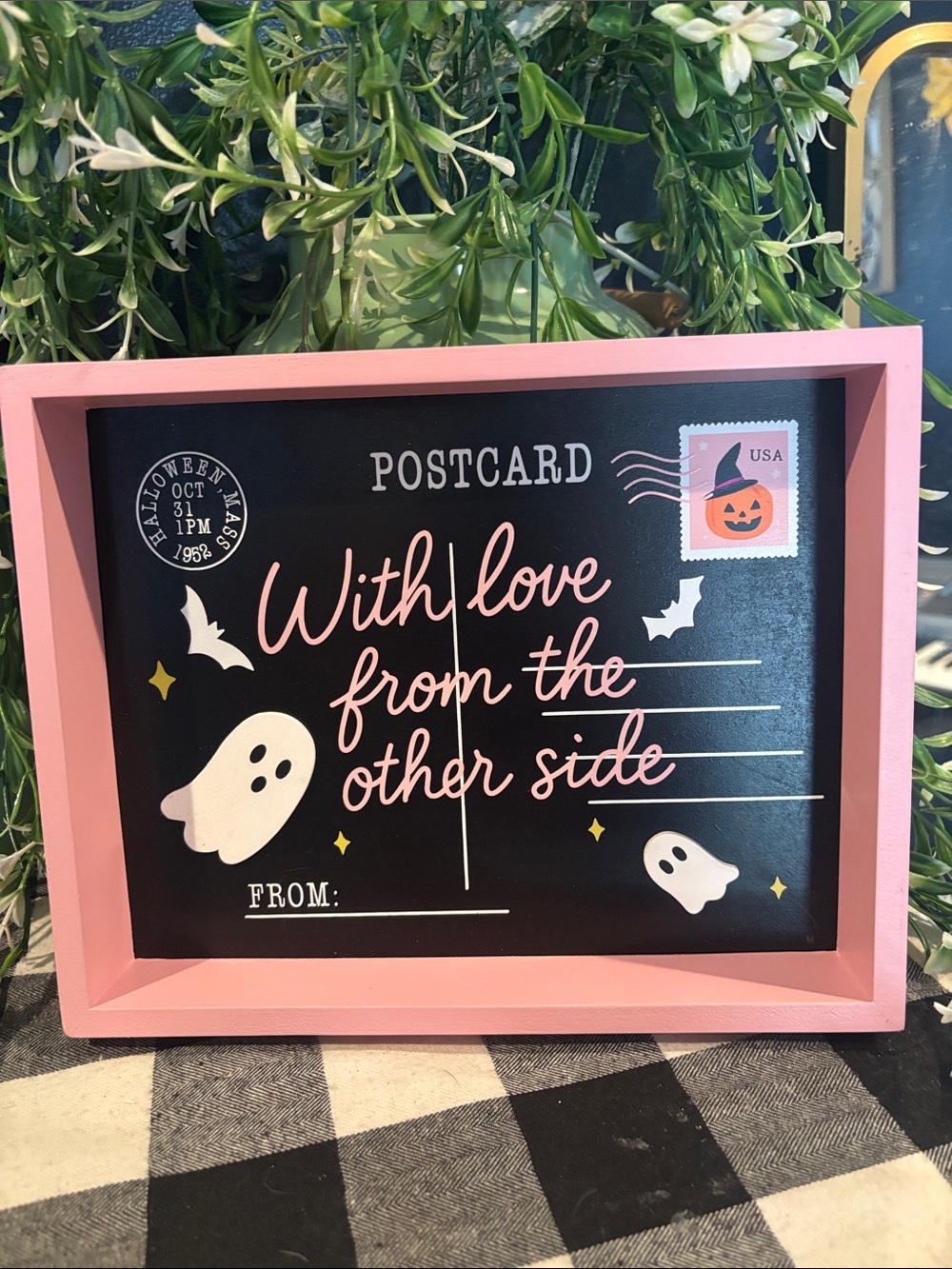 Halloween 'With Love From The Other Side' Decorative Postcard Sign - Pink Frame